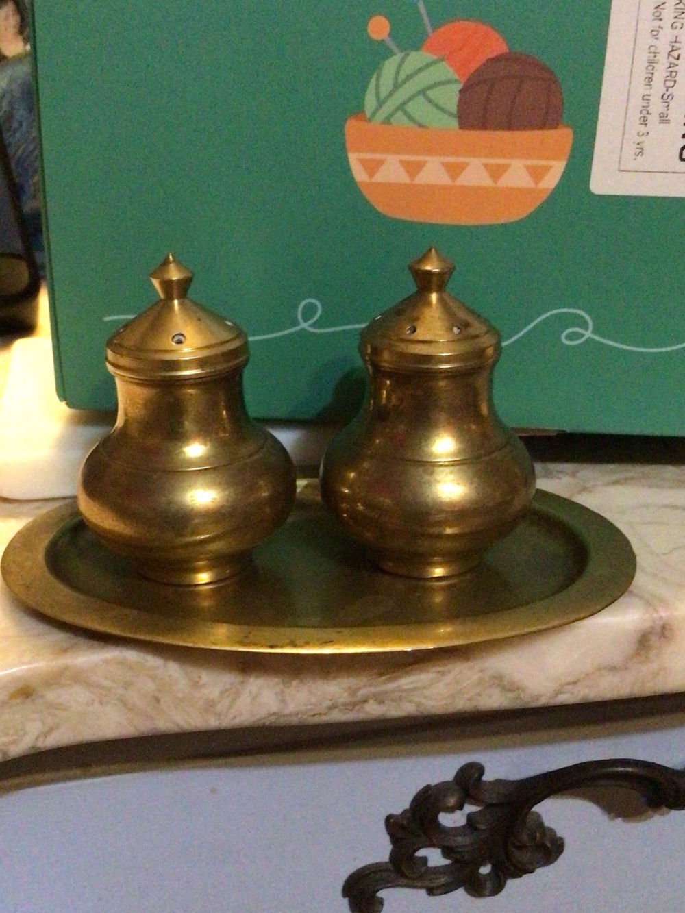 Vintage Brass Salt and Pepper Shakers on Tray - Golden Tone